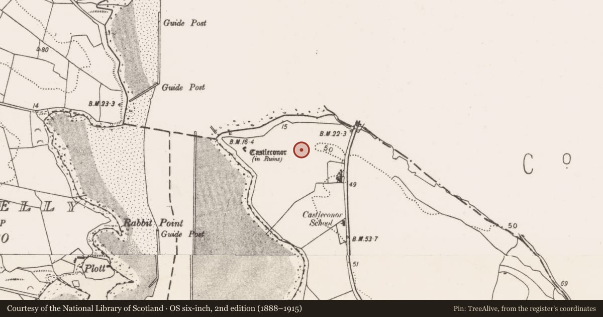 Ordnance Survey six-inch map, 2nd edition (1888–1915) covering the location of Earthwork, Castleconor, County Mayo, with a pin at the register's coordinates