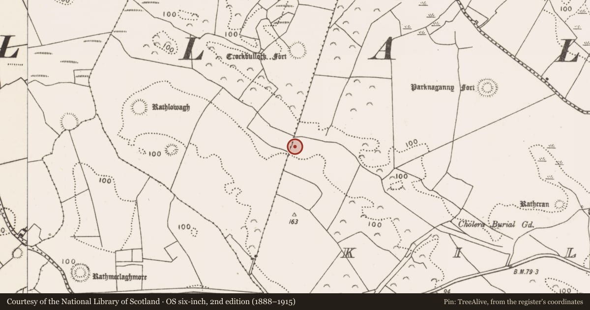 Ordnance Survey six-inch map, 2nd edition (1888–1915) covering the location of Burnt mound, Killala, County Mayo, with a pin at the register's coordinates