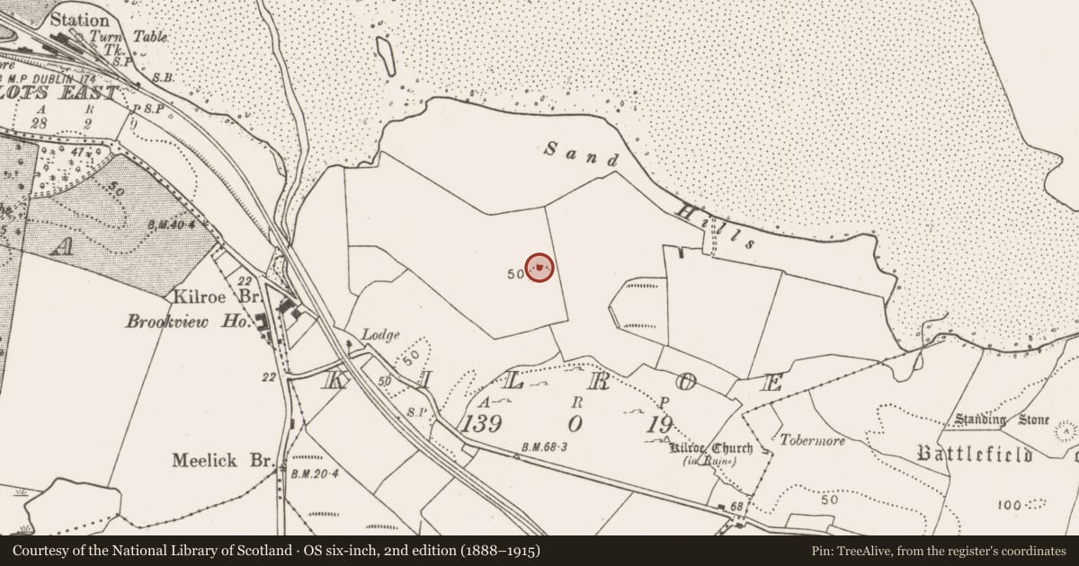 Ordnance Survey six-inch map, 2nd edition (1888–1915) covering the location of Standing stone, Kilroe, County Mayo, with a pin at the register's coordinates
