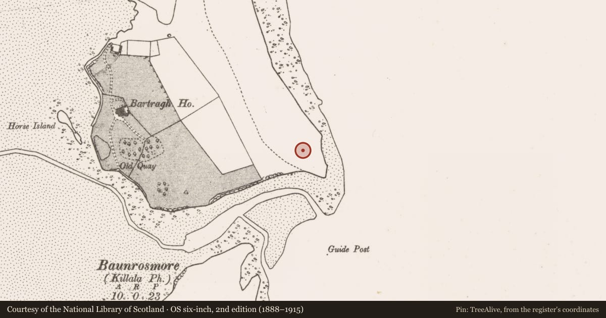 Ordnance Survey six-inch map, 2nd edition (1888–1915) covering the location of Mound, Bartragh Island, County Mayo, with a pin at the register's coordinates