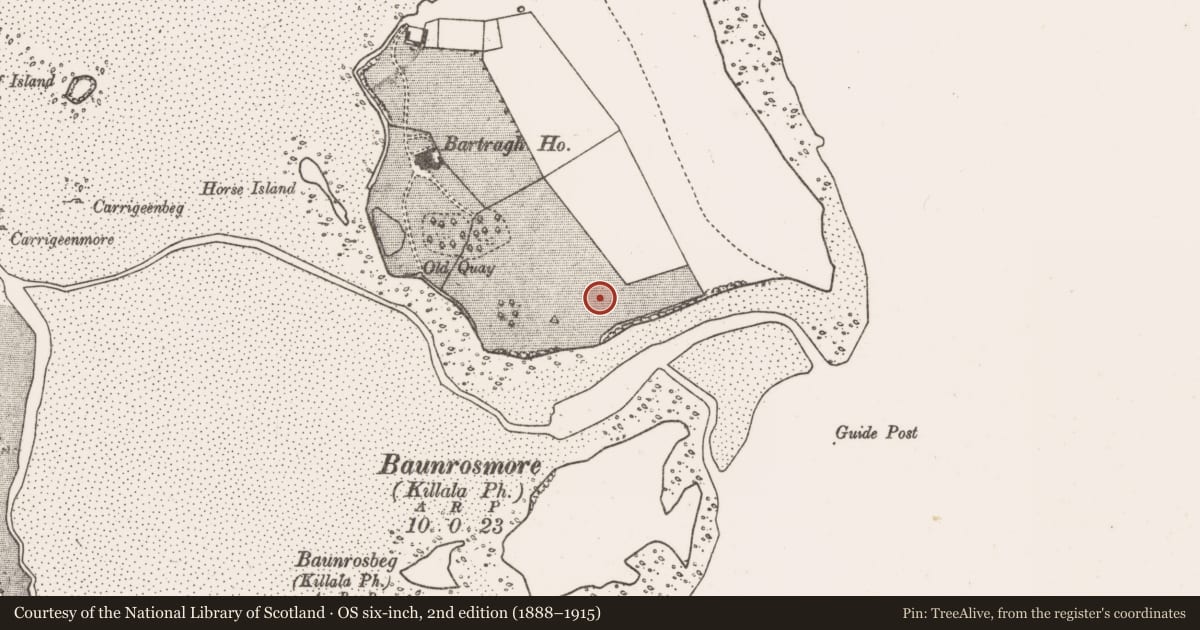 Ordnance Survey six-inch map, 2nd edition (1888–1915) covering the location of Enclosure, Bartragh Island, County Mayo, with a pin at the register's coordinates
