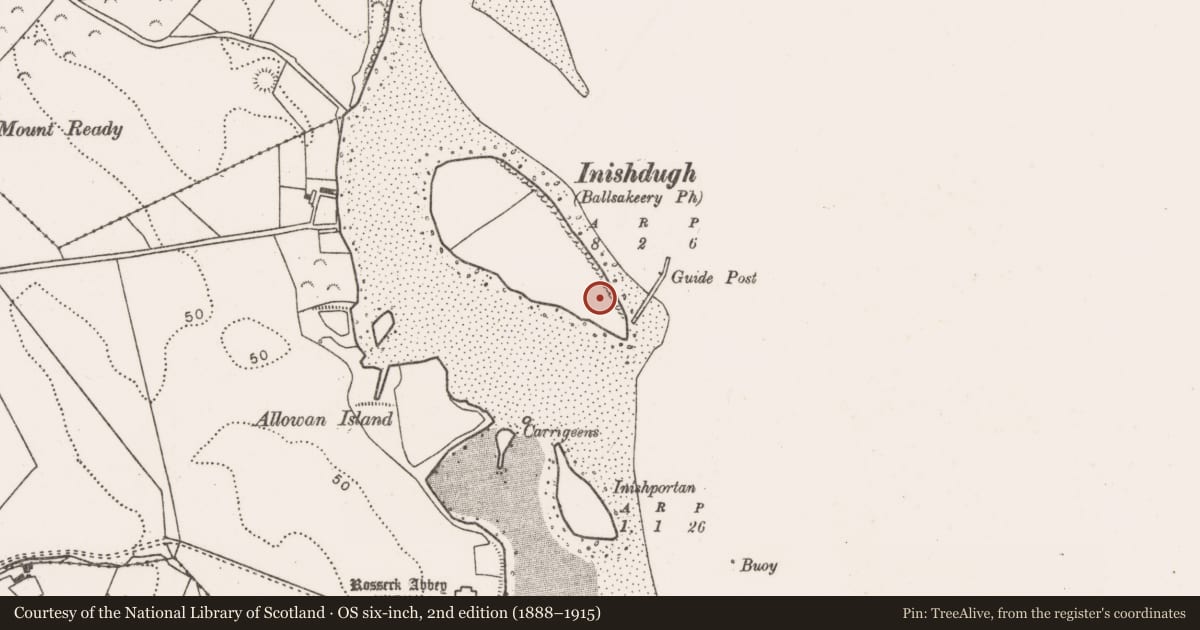 Ordnance Survey six-inch map, 2nd edition (1888–1915) covering the location of Enclosure, Inishdugh Island, County Mayo, with a pin at the register's coordinates