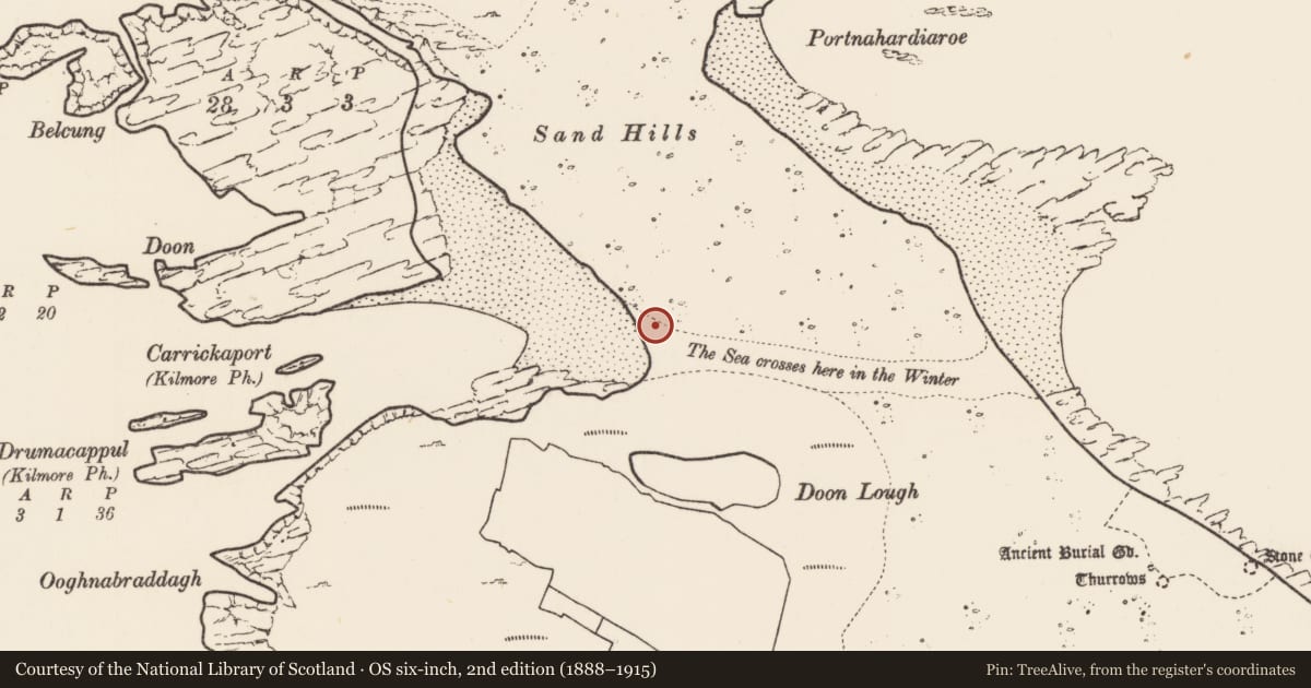 Ordnance Survey six-inch map, 2nd edition (1888–1915) covering the location of Megalithic structure, Inis Gé Thuaidh, County Mayo, with a pin at the register's coordinates