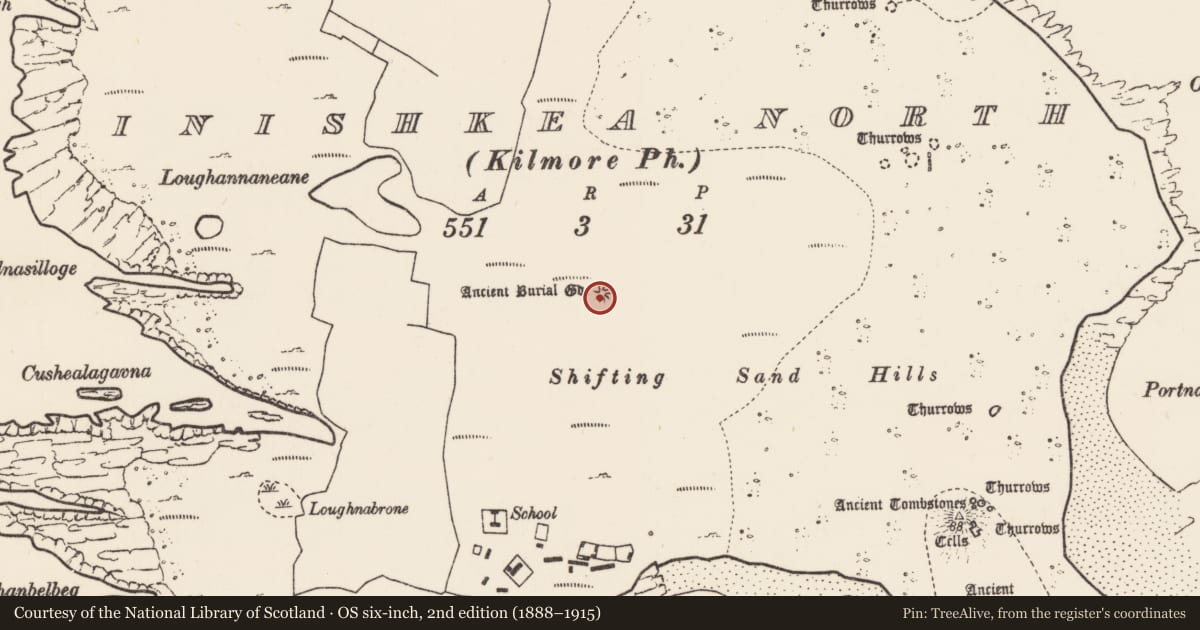 Ordnance Survey six-inch map, 2nd edition (1888–1915) covering the location of Mound, Inis Gé Thuaidh, County Mayo, with a pin at the register's coordinates