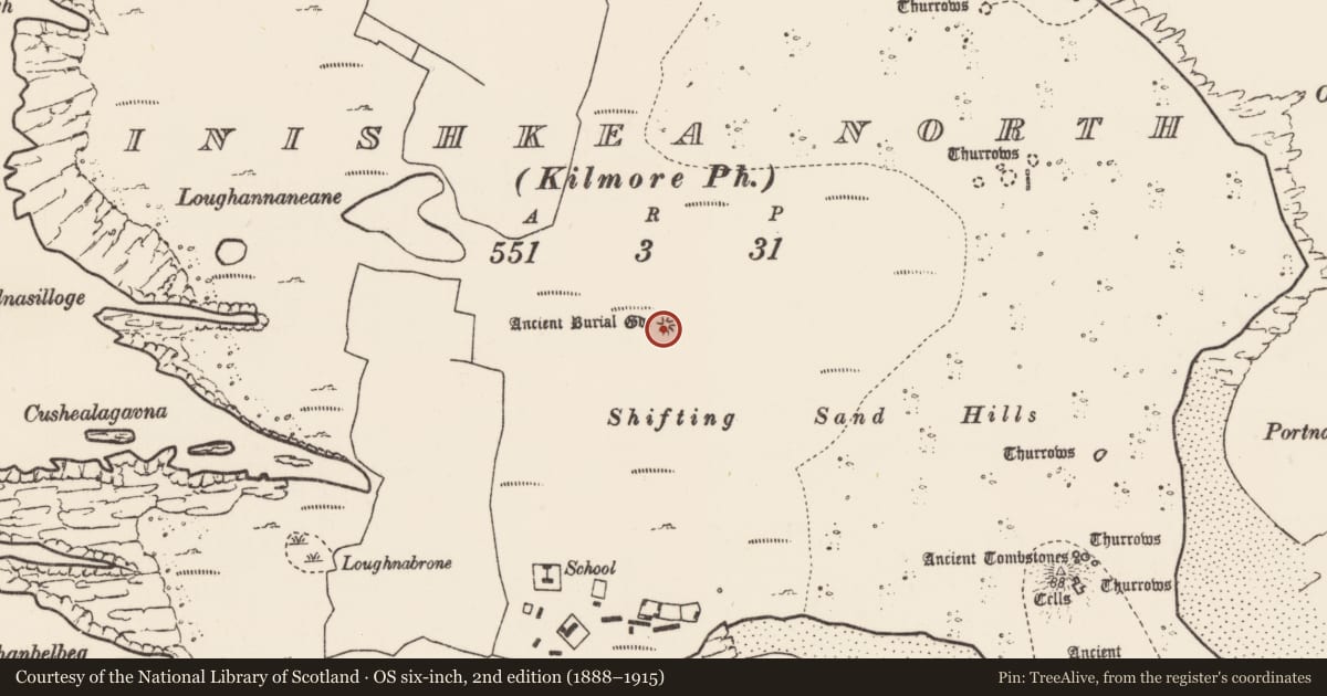 Ordnance Survey six-inch map, 2nd edition (1888–1915) covering the location of Burial, Inis Gé Thuaidh, County Mayo, with a pin at the register's coordinates