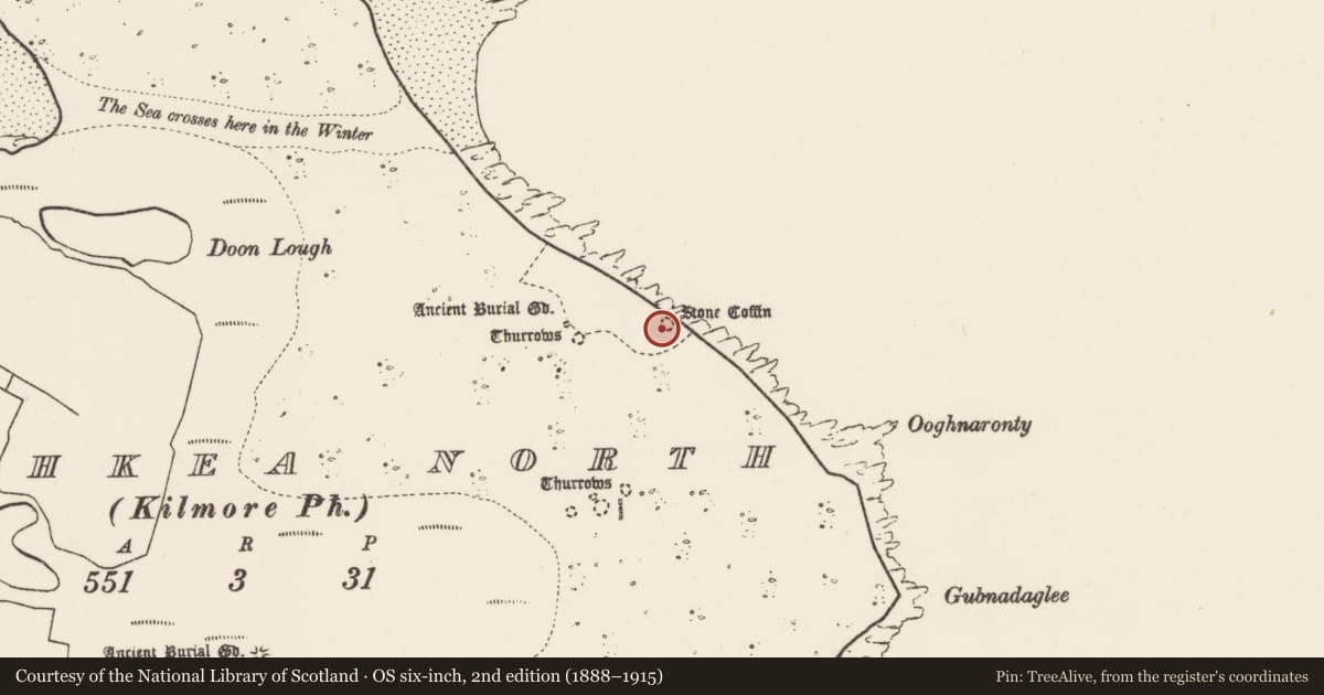 Ordnance Survey six-inch map, 2nd edition (1888–1915) covering the location of Burial ground, Inis Gé Thuaidh, County Mayo, with a pin at the register's coordinates