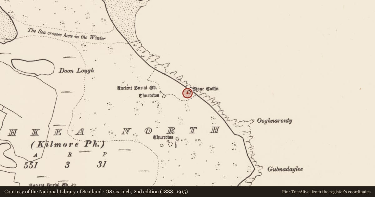 Ordnance Survey six-inch map, 2nd edition (1888–1915) covering the location of Burial, Inis Gé Thuaidh, County Mayo, with a pin at the register's coordinates