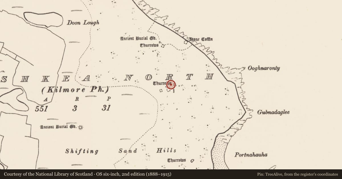 Ordnance Survey six-inch map, 2nd edition (1888–1915) covering the location of Settlement cluster, Inis Gé Thuaidh, County Mayo, with a pin at the register's coordinates