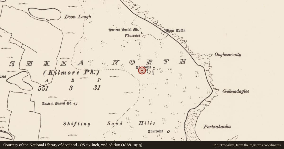 Ordnance Survey six-inch map, 2nd edition (1888–1915) covering the location of Mound, Inis Gé Thuaidh, County Mayo, with a pin at the register's coordinates