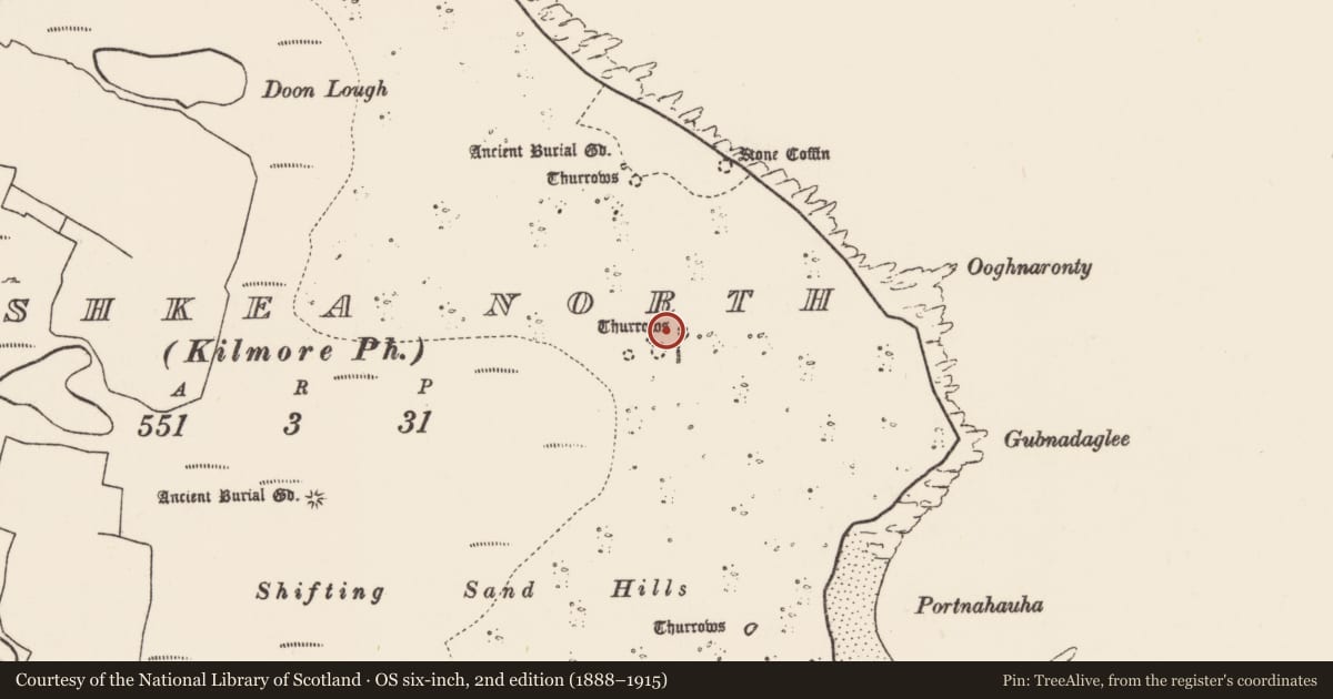 Ordnance Survey six-inch map, 2nd edition (1888–1915) covering the location of Kiln, Inis Gé Thuaidh, County Mayo, with a pin at the register's coordinates