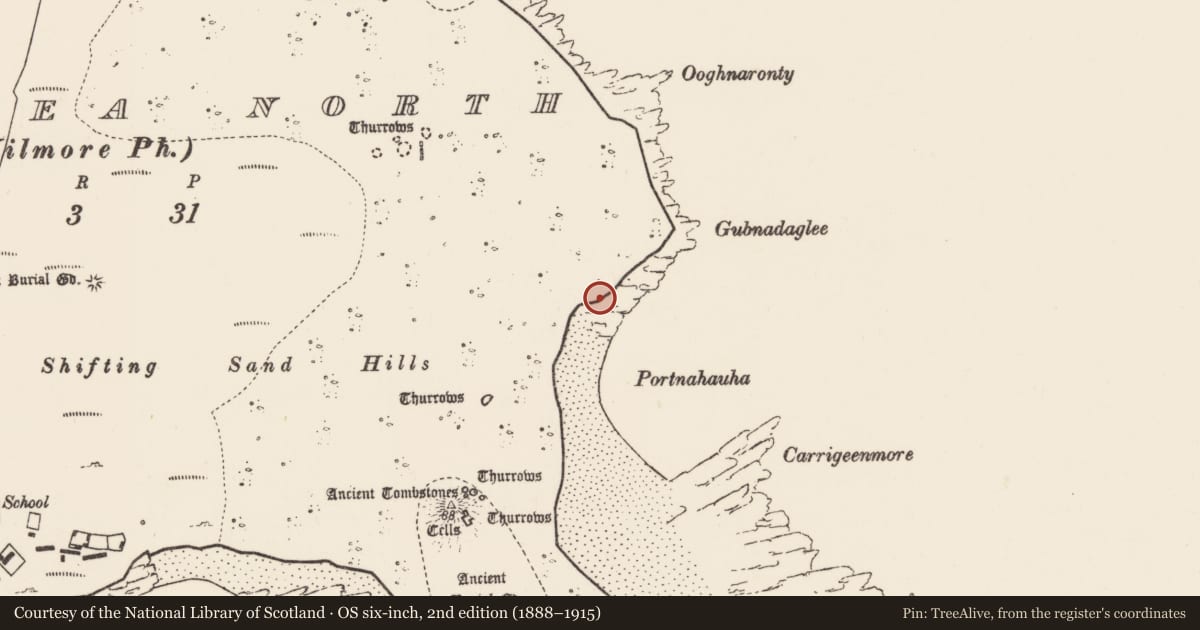 Ordnance Survey six-inch map, 2nd edition (1888–1915) covering the location of Midden, Inis Gé Thuaidh, County Mayo, with a pin at the register's coordinates