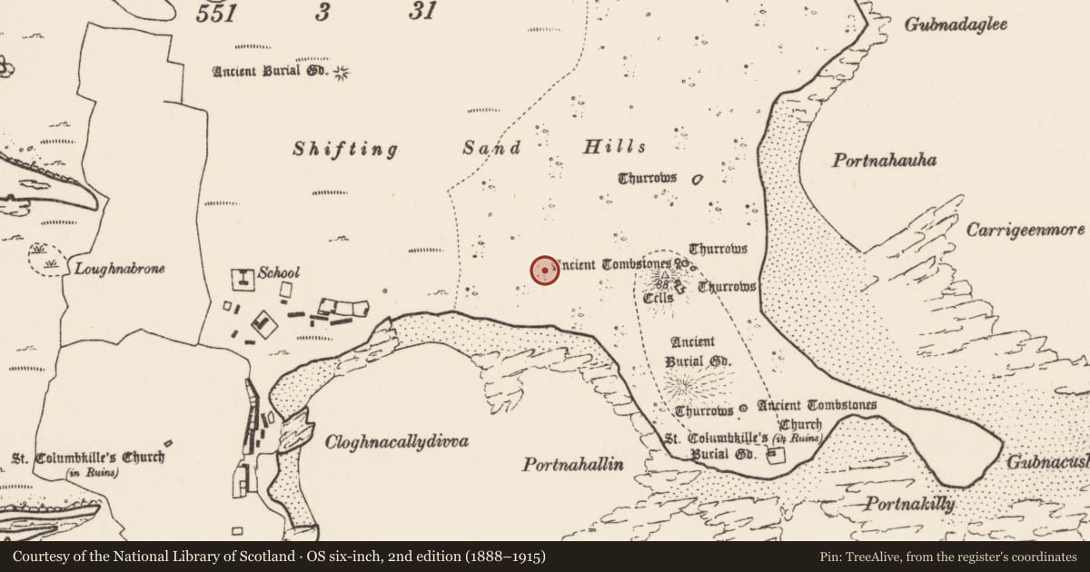 Ordnance Survey six-inch map, 2nd edition (1888–1915) covering the location of Earthwork, Inis Gé Thuaidh, County Mayo, with a pin at the register's coordinates