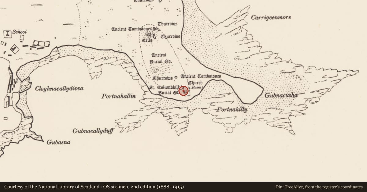 Ordnance Survey six-inch map, 2nd edition (1888–1915) covering the location of Church, Inis Gé Thuaidh, County Mayo, with a pin at the register's coordinates