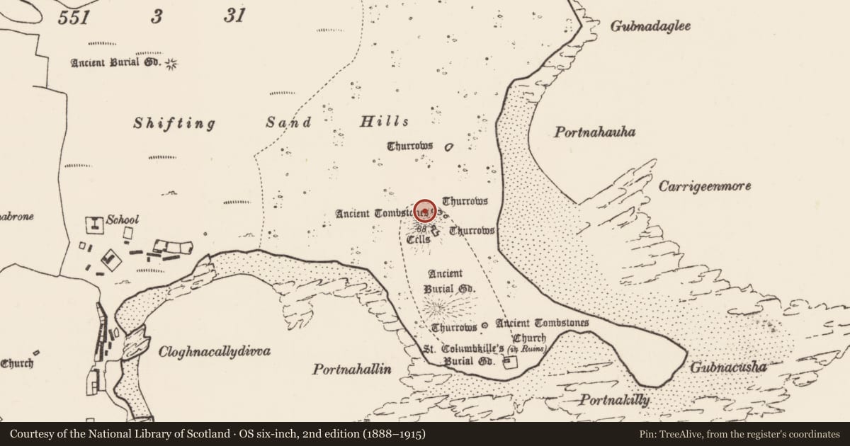 Ordnance Survey six-inch map, 2nd edition (1888–1915) covering the location of Mound, Inis Gé Thuaidh, County Mayo, with a pin at the register's coordinates