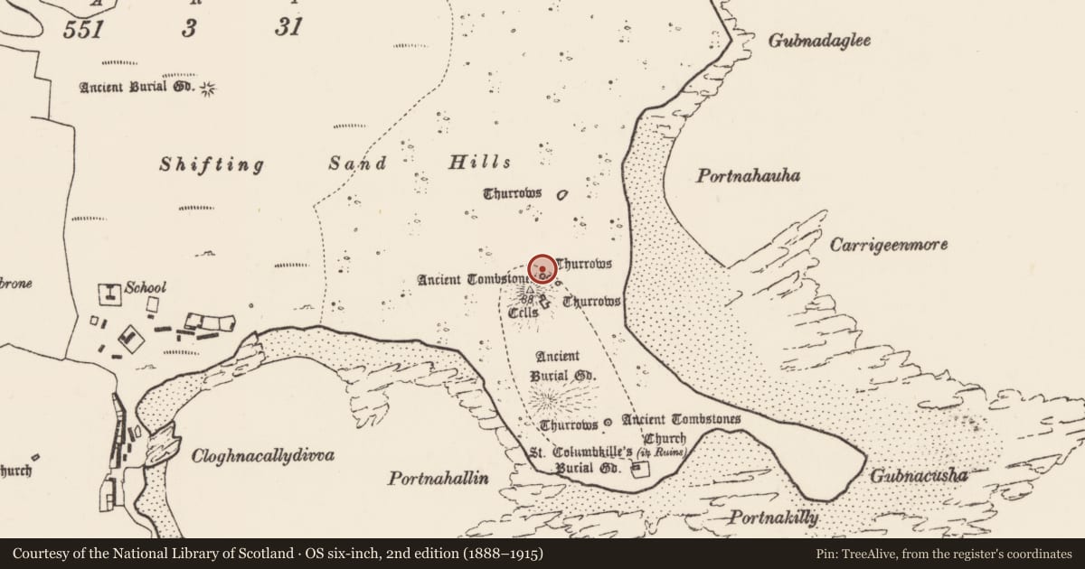 Ordnance Survey six-inch map, 2nd edition (1888–1915) covering the location of Cross-inscribed pillar, Inis Gé Thuaidh, County Mayo, with a pin at the register's coordinates