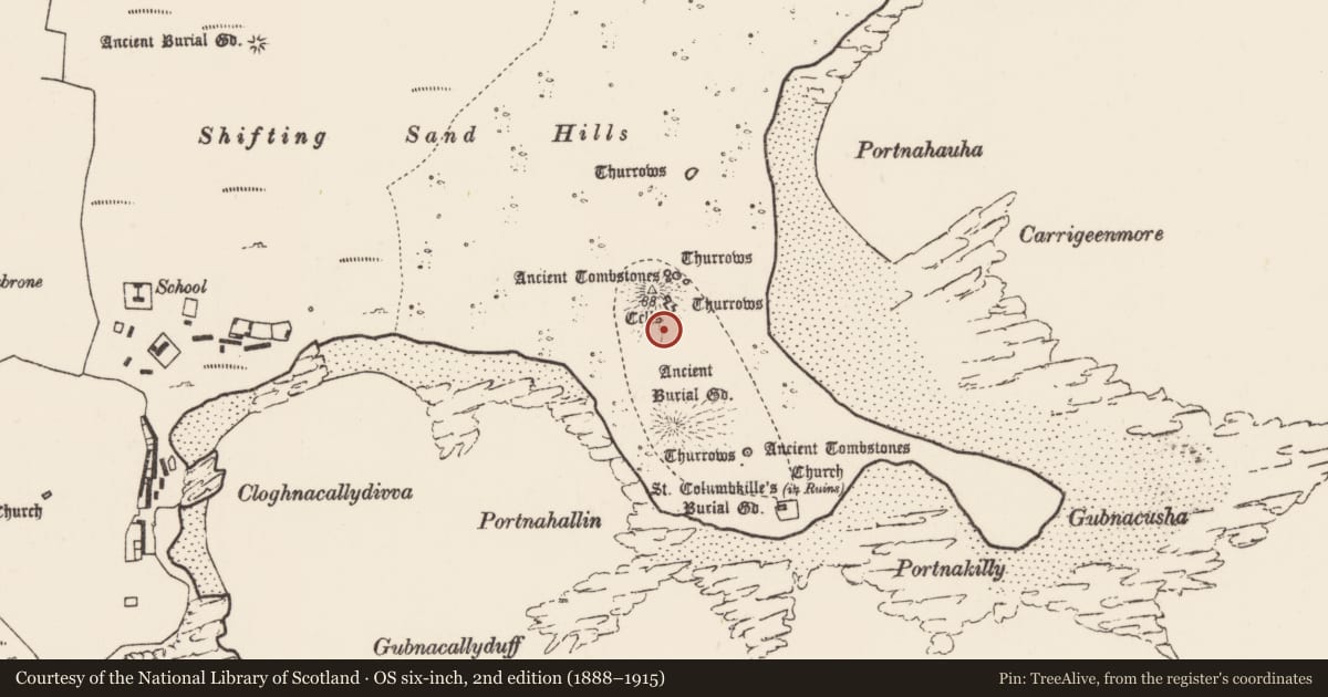 Ordnance Survey six-inch map, 2nd edition (1888–1915) covering the location of Cross, Inis Gé Thuaidh, County Mayo, with a pin at the register's coordinates