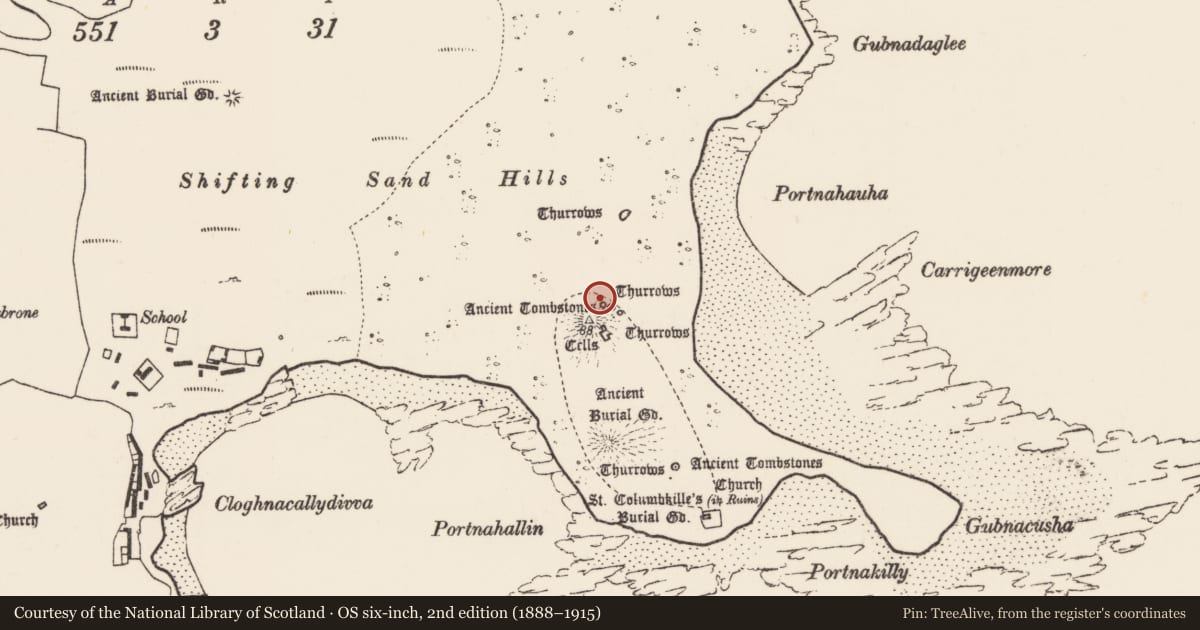 Ordnance Survey six-inch map, 2nd edition (1888–1915) covering the location of Burial, Inis Gé Thuaidh, County Mayo, with a pin at the register's coordinates