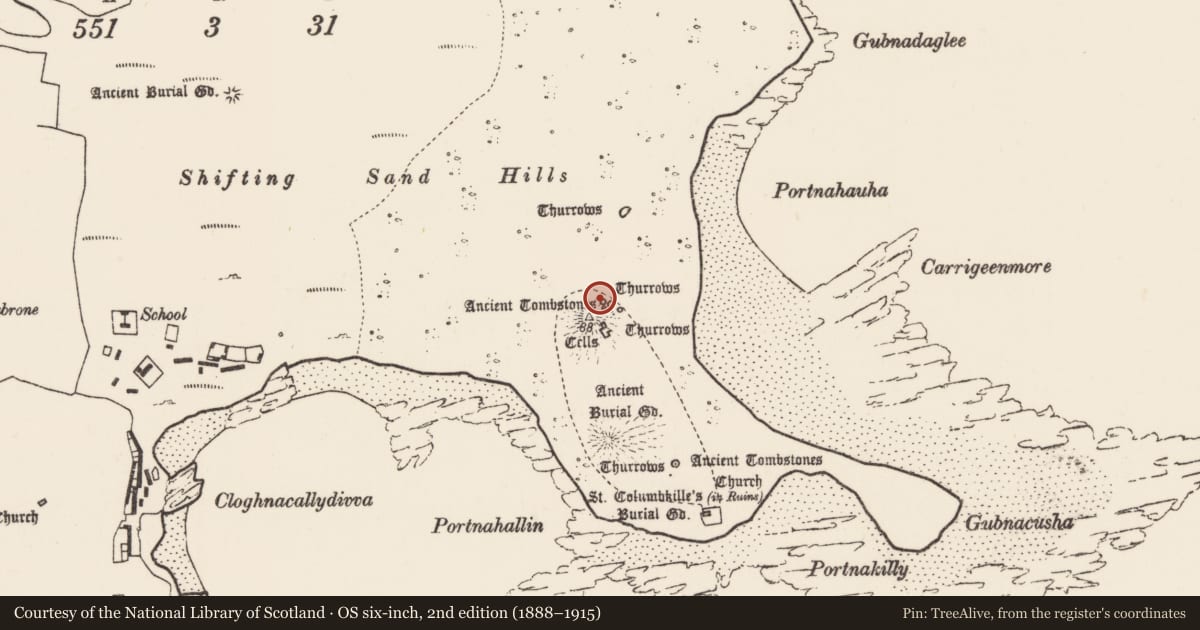 Ordnance Survey six-inch map, 2nd edition (1888–1915) covering the location of Burial, Inis Gé Thuaidh, County Mayo, with a pin at the register's coordinates