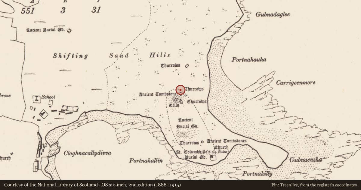 Ordnance Survey six-inch map, 2nd edition (1888–1915) covering the location of Burial, Inis Gé Thuaidh, County Mayo, with a pin at the register's coordinates