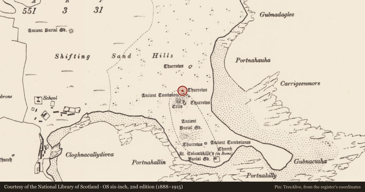 Ordnance Survey six-inch map, 2nd edition (1888–1915) covering the location of Burial, Inis Gé Thuaidh, County Mayo, with a pin at the register's coordinates