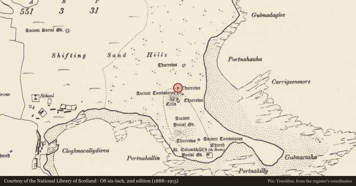 Ordnance Survey six-inch map, 2nd edition (1888–1915) covering the location of Burial, Inis Gé Thuaidh, County Mayo, with a pin at the register's coordinates
