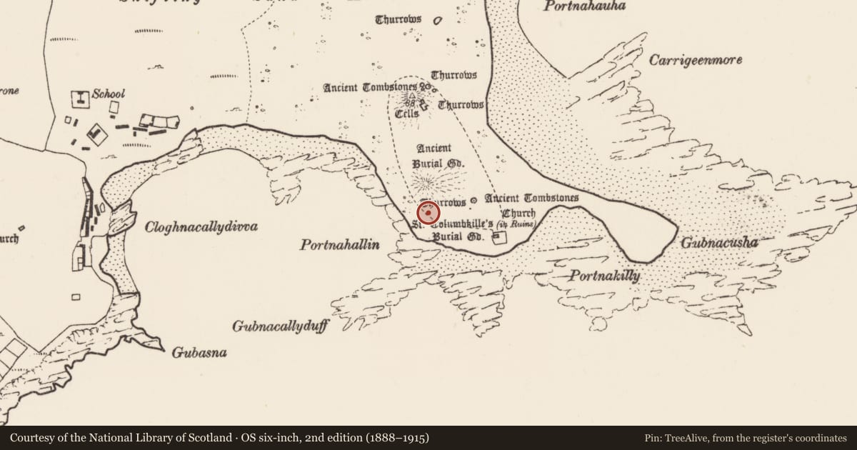 Ordnance Survey six-inch map, 2nd edition (1888–1915) covering the location of Mound, Inis Gé Thuaidh, County Mayo, with a pin at the register's coordinates