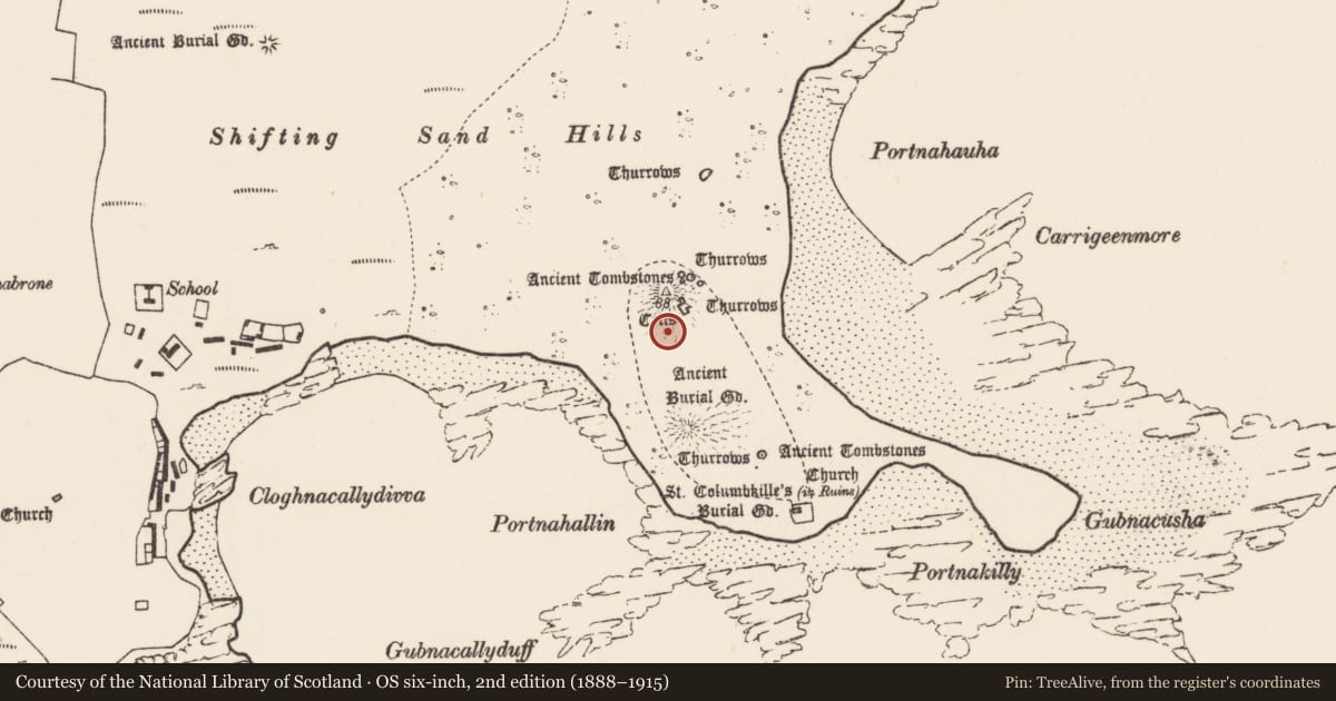 Ordnance Survey six-inch map, 2nd edition (1888–1915) covering the location of Mound, Inis Gé Thuaidh, County Mayo, with a pin at the register's coordinates