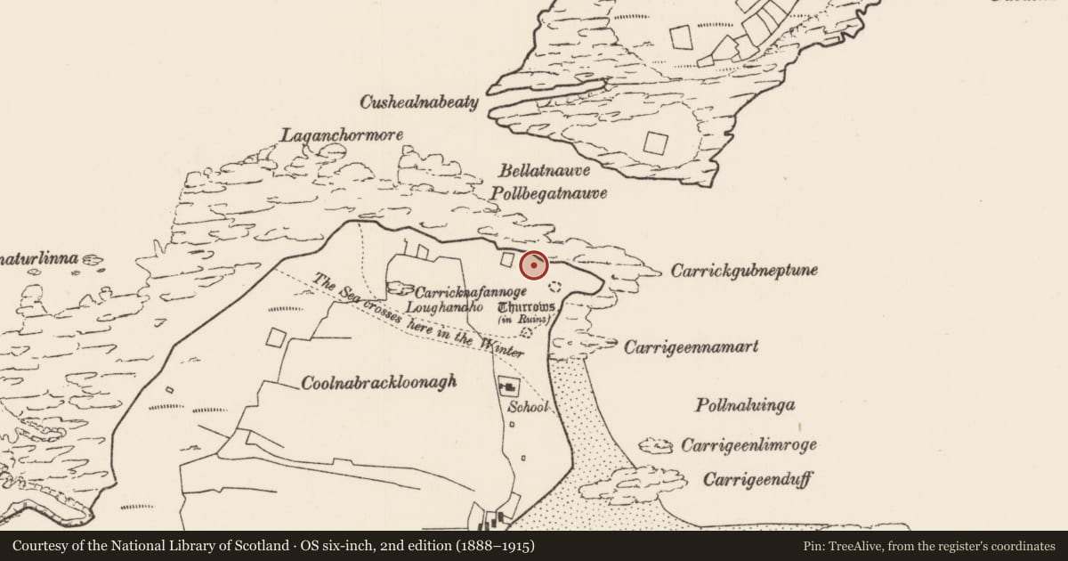 Ordnance Survey six-inch map, 2nd edition (1888–1915) covering the location of Midden, Inis Gé Theas, County Mayo, with a pin at the register's coordinates