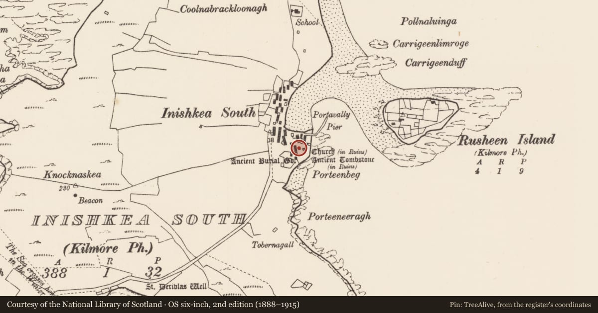 Ordnance Survey six-inch map, 2nd edition (1888–1915) covering the location of Church, Inis Gé Theas, County Mayo, with a pin at the register's coordinates