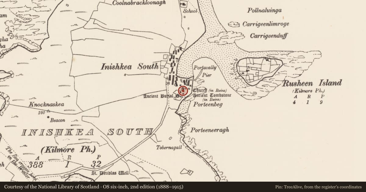 Ordnance Survey six-inch map, 2nd edition (1888–1915) covering the location of Graveyard, Inis Gé Theas, County Mayo, with a pin at the register's coordinates
