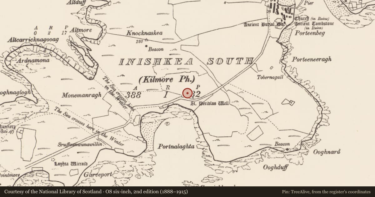 Ordnance Survey six-inch map, 2nd edition (1888–1915) covering the location of Ritual site - holy well, Inis Gé Theas, County Mayo, with a pin at the register's coordinates