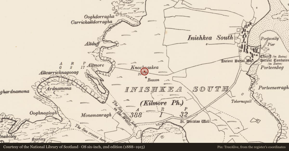 Ordnance Survey six-inch map, 2nd edition (1888–1915) covering the location of Mound, Inis Gé Theas, County Mayo, with a pin at the register's coordinates
