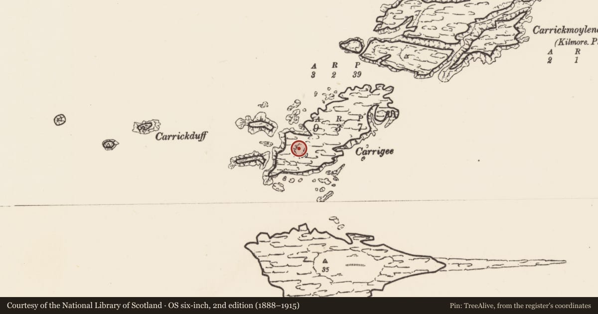 Ordnance Survey six-inch map, 2nd edition (1888–1915) covering the location of Enclosure, Carrigee Island, County Mayo, with a pin at the register's coordinates
