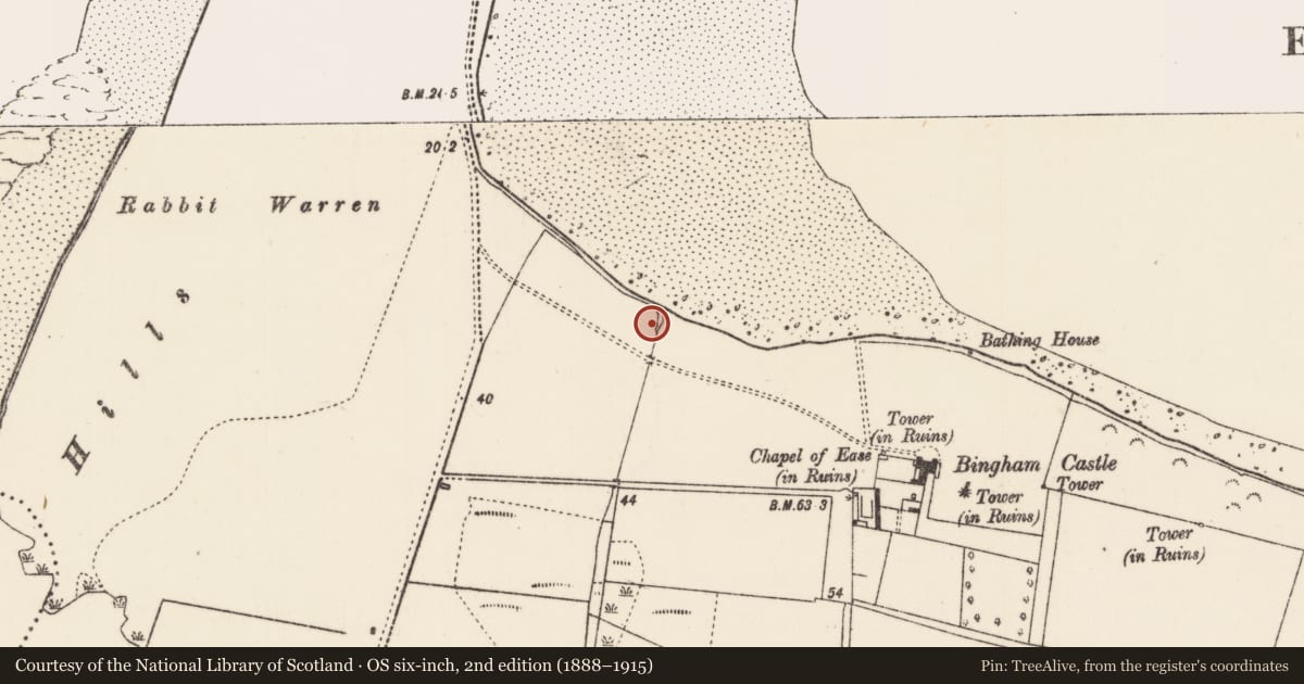 Ordnance Survey six-inch map, 2nd edition (1888–1915) covering the location of Kiln, Oiligh, County Mayo, with a pin at the register's coordinates