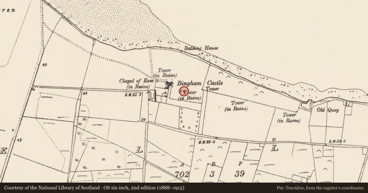 Ordnance Survey six-inch map, 2nd edition (1888–1915) covering the location of Designed landscape - folly, Oiligh, County Mayo, with a pin at the register's coordinates