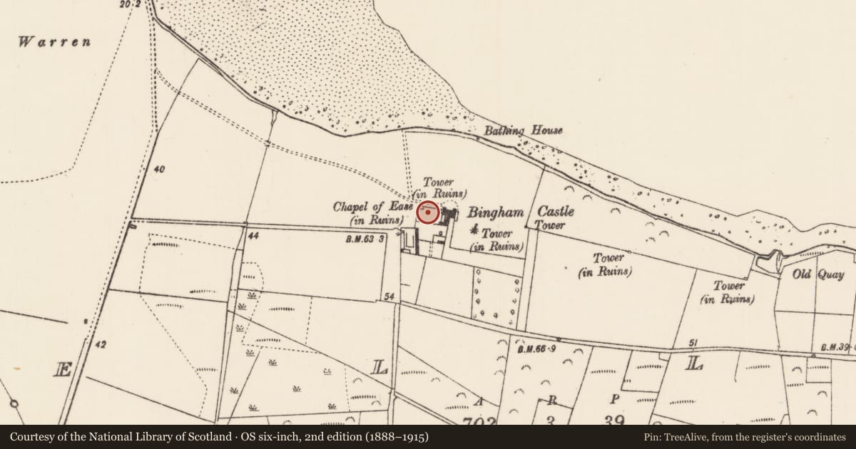 Ordnance Survey six-inch map, 2nd edition (1888–1915) covering the location of Chapel, Oiligh, County Mayo, with a pin at the register's coordinates