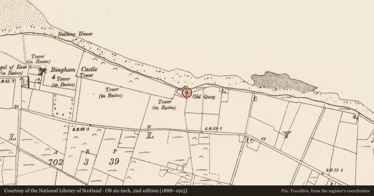 Ordnance Survey six-inch map, 2nd edition (1888–1915) covering the location of Quay, Oiligh, County Mayo, with a pin at the register's coordinates