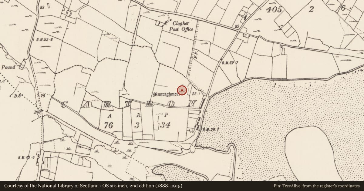 Ordnance Survey six-inch map, 2nd edition (1888–1915) covering the location of Souterrain, Cartron, County Mayo, with a pin at the register's coordinates