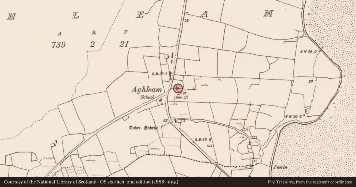 Ordnance Survey six-inch map, 2nd edition (1888–1915) covering the location of Souterrain, An Eachléim, County Mayo, with a pin at the register's coordinates