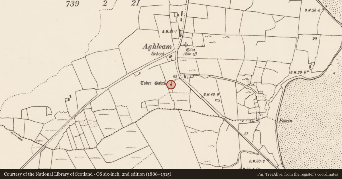 Ordnance Survey six-inch map, 2nd edition (1888–1915) covering the location of Ritual site - holy well, An Eachléim, County Mayo, with a pin at the register's coordinates