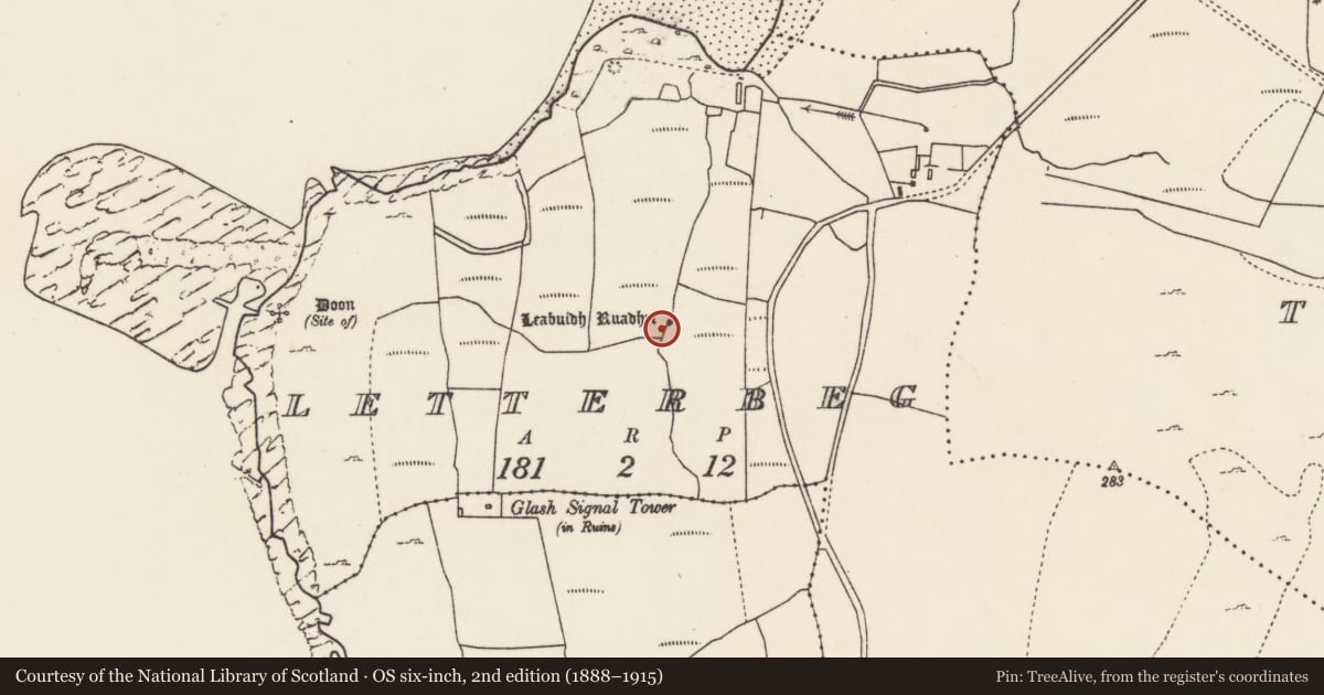 Ordnance Survey six-inch map, 2nd edition (1888–1915) covering the location of Building, Leitir Beag, County Mayo, with a pin at the register's coordinates