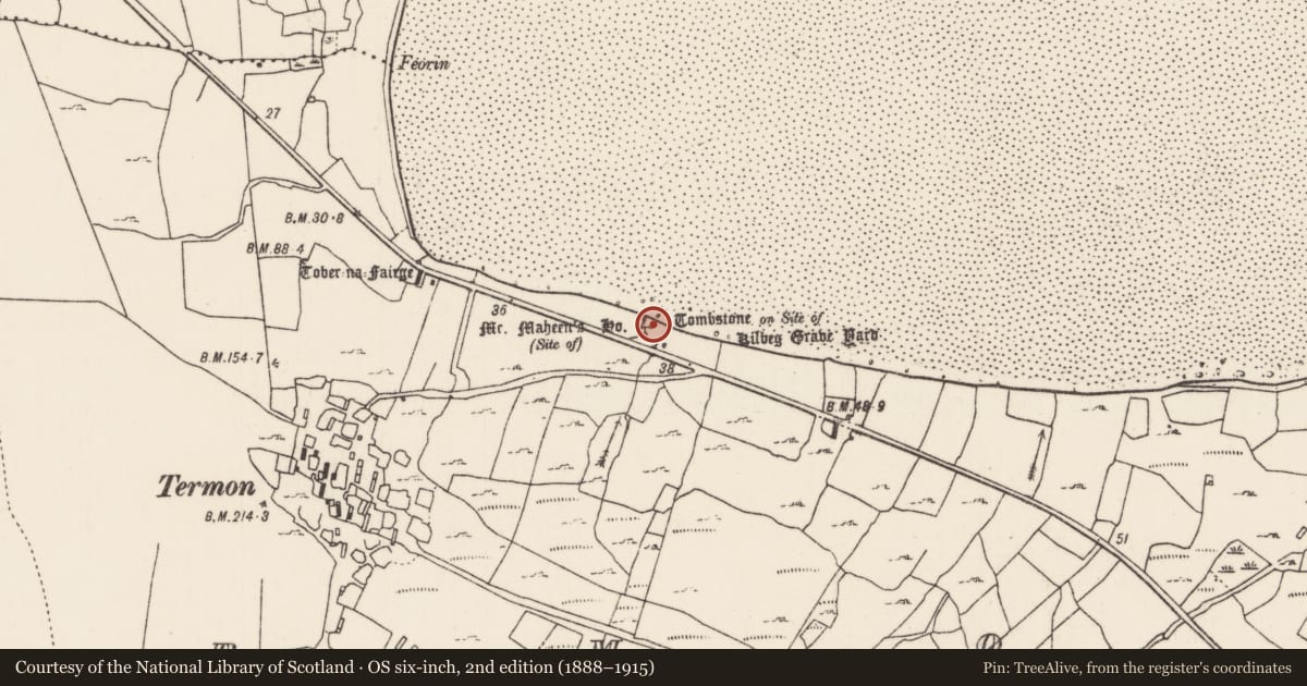 Ordnance Survey six-inch map, 2nd edition (1888–1915) covering the location of House - indeterminate date, An Tearmann, County Mayo, with a pin at the register's coordinates