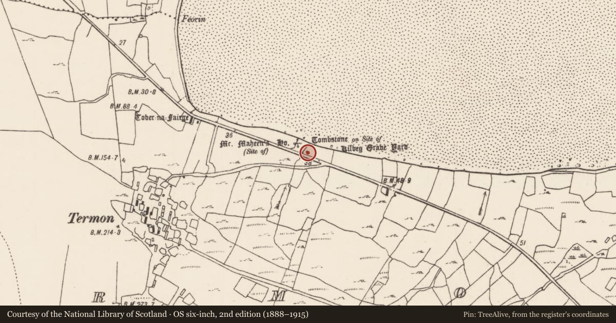Ordnance Survey six-inch map, 2nd edition (1888–1915) covering the location of Cross-slab, An Tearmann, County Mayo, with a pin at the register's coordinates