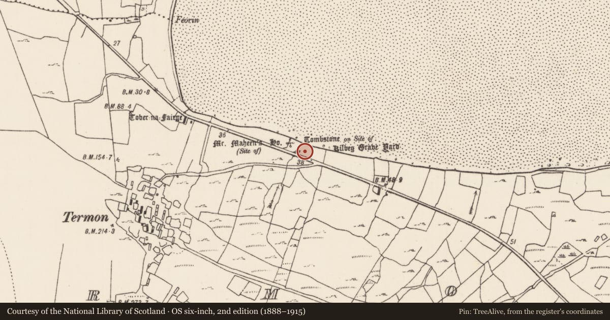 Ordnance Survey six-inch map, 2nd edition (1888–1915) covering the location of Graveyard, An Tearmann, County Mayo, with a pin at the register's coordinates