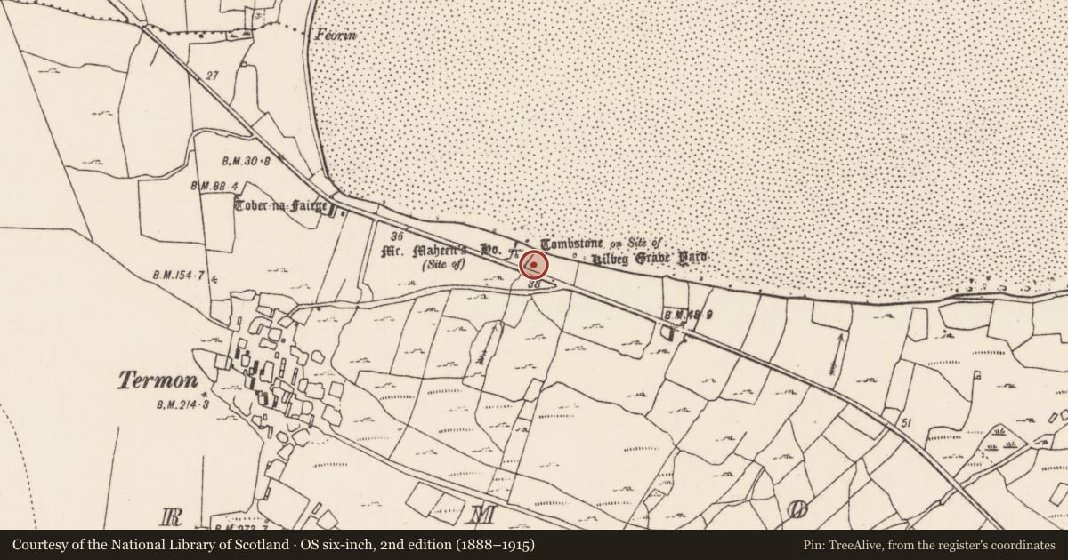 Ordnance Survey six-inch map, 2nd edition (1888–1915) covering the location of Church, An Tearmann, County Mayo, with a pin at the register's coordinates