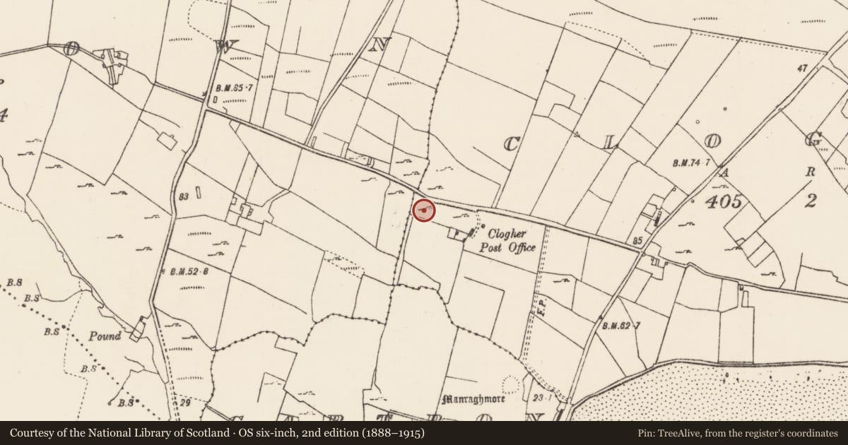 Ordnance Survey six-inch map, 2nd edition (1888–1915) covering the location of Settlement cluster, An Clochar, County Mayo, with a pin at the register's coordinates