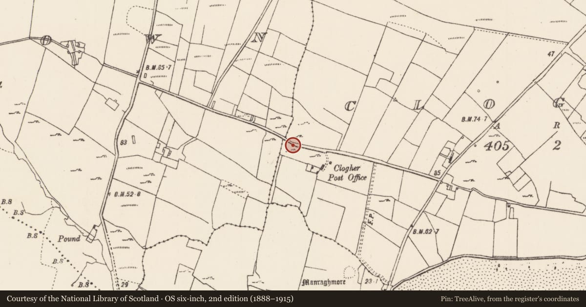 Ordnance Survey six-inch map, 2nd edition (1888–1915) covering the location of Burial ground, An Clochar, County Mayo, with a pin at the register's coordinates