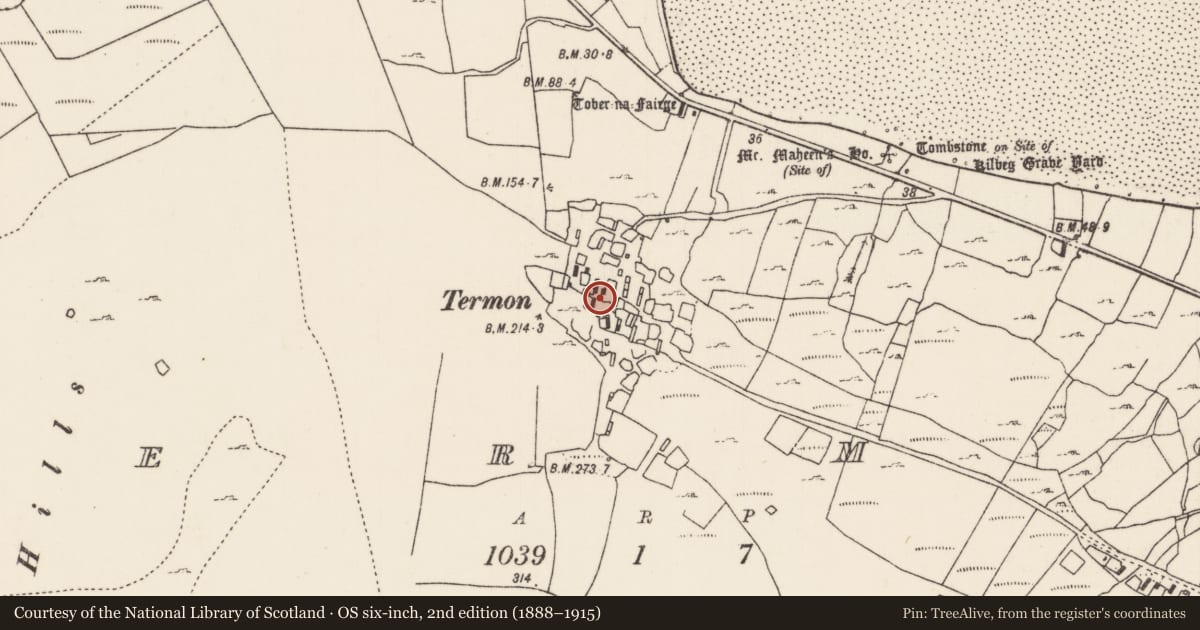 Ordnance Survey six-inch map, 2nd edition (1888–1915) covering the location of Ecclesiastical site, An Tearmann, County Mayo, with a pin at the register's coordinates