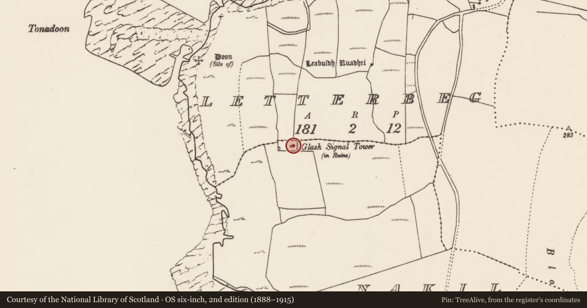 Ordnance Survey six-inch map, 2nd edition (1888–1915) covering the location of Signal tower, Tóin Na Holltaí, County Mayo, with a pin at the register's coordinates