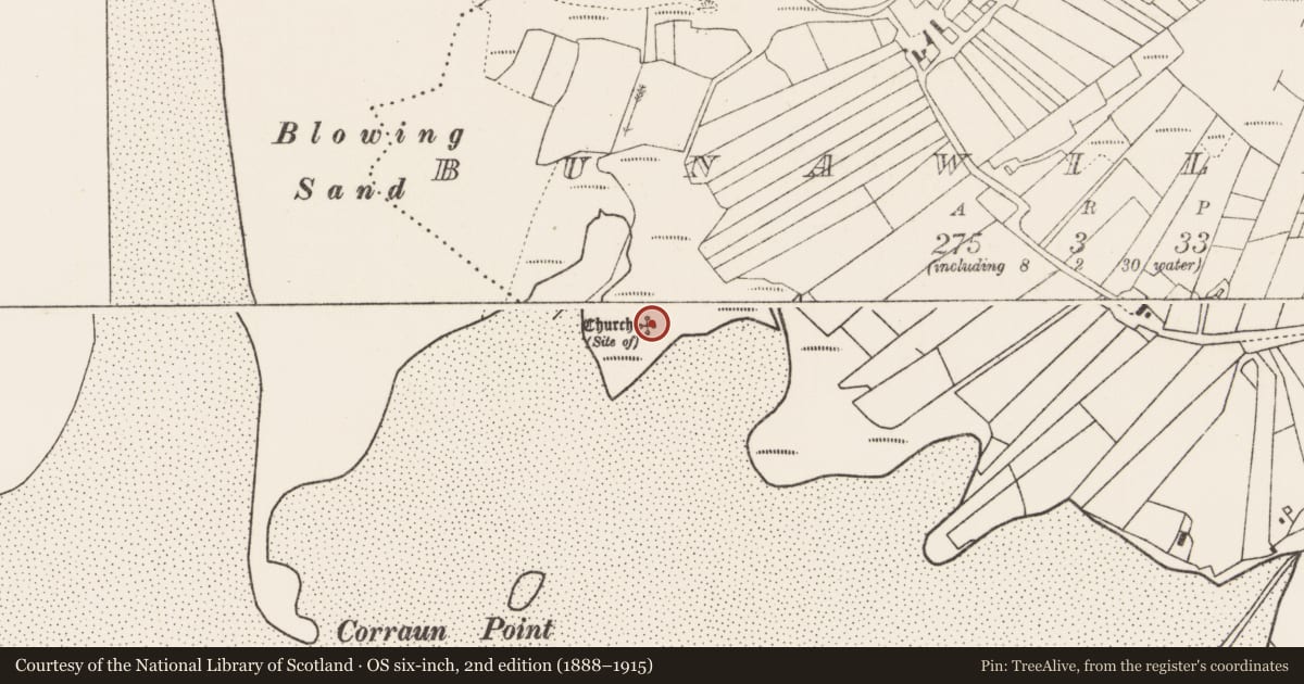 Ordnance Survey six-inch map, 2nd edition (1888–1915) covering the location of Church, Bun An Mhuilinn, County Mayo, with a pin at the register's coordinates